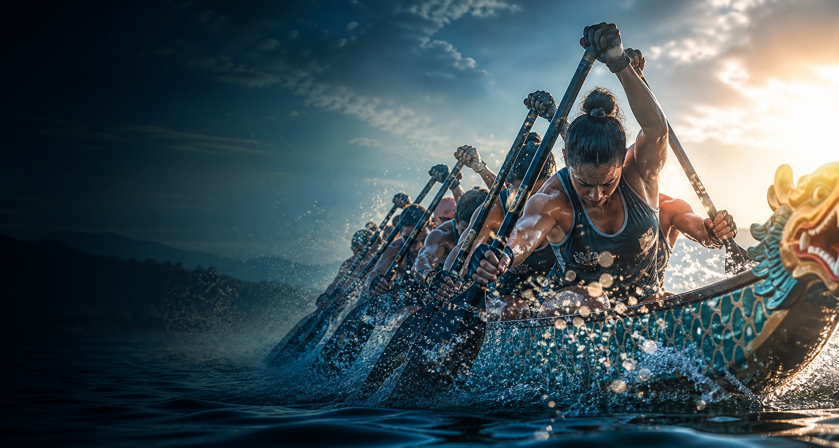 Dragon boat team racing on open water